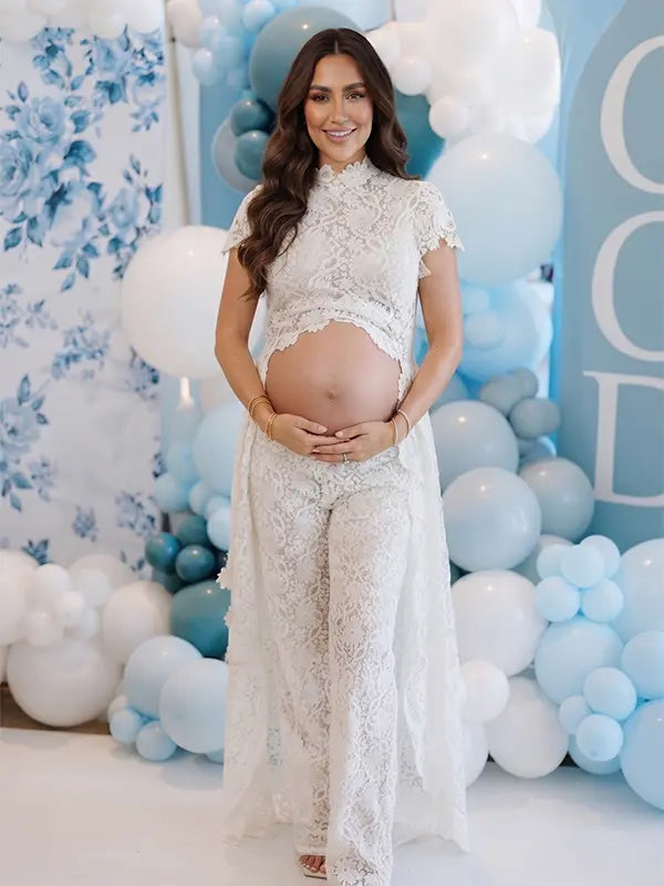 Ivory Lace Two Piece Maternity Photoshoot Pants Set with High Neck Crop Top, Open Belly Design and Wide Leg Pants for Pregnancy Announcement, Studio Portrait, Baby Shower and Fine Art Maternity Photography | Bumplook
