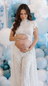 Ivory Lace Two Piece Maternity Photoshoot Pants Set with High Neck Crop Top, Open Belly Design and Wide Leg Pants for Pregnancy Announcement, Studio Portrait, Baby Shower and Fine Art Maternity Photography | Bumplook