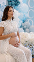 Ivory Lace Two Piece Maternity Photoshoot Pants Set with High Neck Crop Top, Open Belly Design and Wide Leg Pants for Pregnancy Announcement, Studio Portrait, Baby Shower and Fine Art Maternity Photography | Bumplook