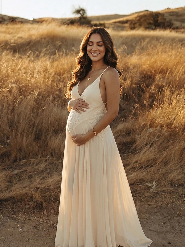 Ivory Open Back Maternity Gown for Maternity Photoshoot | Bumplook