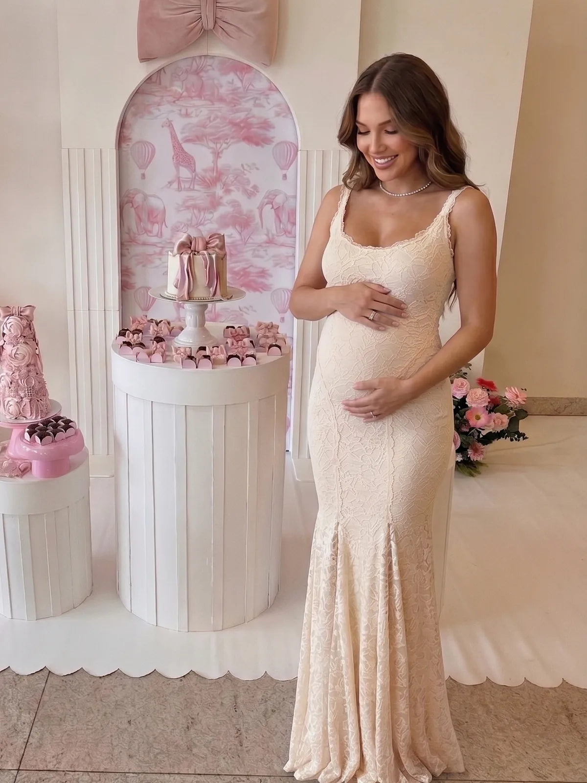 Ivory Fitted Maternity Photoshoot Dress with Floral Lace | Bumplook