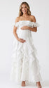 Ivory Off Shoulder Cascading Ruffle Maternity Maxi Dress for Baby Shower, Bridal Shower, Maternity Wedding, Pregnancy Announcement and Maternity Photoshoot | Bumplook
