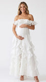 Ivory Off Shoulder Cascading Ruffle Maternity Maxi Dress for Baby Shower, Bridal Shower, Maternity Wedding, Pregnancy Announcement and Maternity Photoshoot | Bumplook