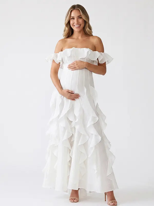 Ivory Off Shoulder Cascading Ruffle Maternity Maxi Dress for Baby Shower, Bridal Shower, Maternity Wedding, Pregnancy Announcement and Maternity Photoshoot | Bumplook