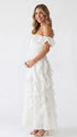 Ivory Off Shoulder Cascading Ruffle Maternity Maxi Dress for Baby Shower, Bridal Shower, Maternity Wedding, Pregnancy Announcement and Maternity Photoshoot | Bumplook