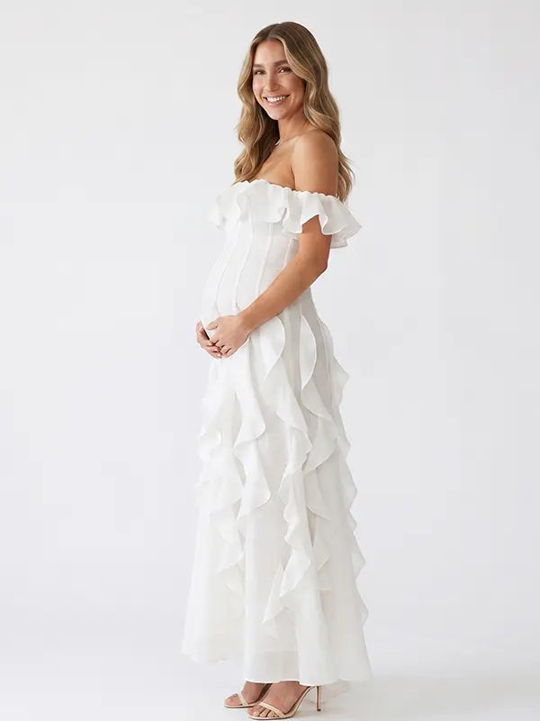 Ivory Off Shoulder Cascading Ruffle Maternity Maxi Dress for Baby Shower, Bridal Shower, Maternity Wedding, Pregnancy Announcement and Maternity Photoshoot | Bumplook