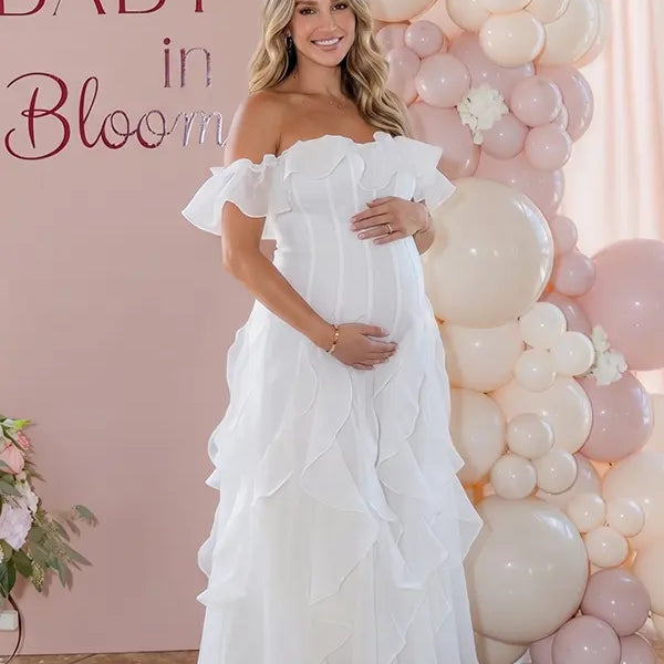 Ivory Off Shoulder Cascading Ruffle Maternity Maxi Dress for Baby Shower, Bridal Shower, Maternity Wedding, Pregnancy Announcement and Maternity Photoshoot | Bumplook