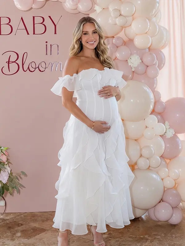 Ivory Off Shoulder Cascading Ruffle Maternity Maxi Dress for Baby Shower, Bridal Shower, Maternity Wedding, Pregnancy Announcement and Maternity Photoshoot | Bumplook