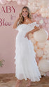 Ivory Off Shoulder Cascading Ruffle Maternity Maxi Dress for Baby Shower, Bridal Shower, Maternity Wedding, Pregnancy Announcement and Maternity Photoshoot | Bumplook
