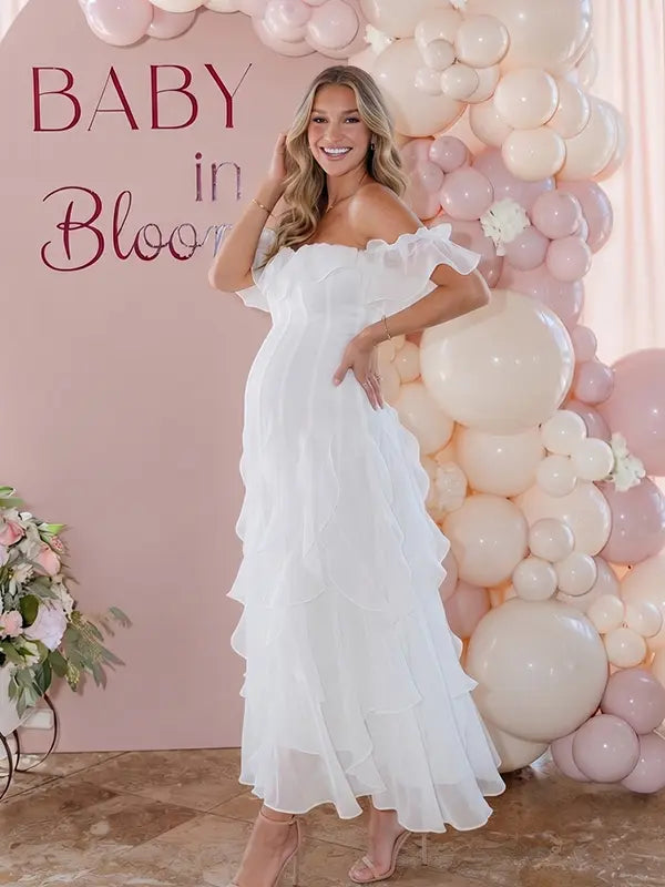 Ivory Off Shoulder Cascading Ruffle Maternity Maxi Dress for Baby Shower, Bridal Shower, Maternity Wedding, Pregnancy Announcement and Maternity Photoshoot | Bumplook
