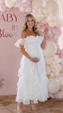 Ivory Off Shoulder Cascading Ruffle Maternity Maxi Dress for Baby Shower, Bridal Shower, Maternity Wedding, Pregnancy Announcement and Maternity Photoshoot | Bumplook