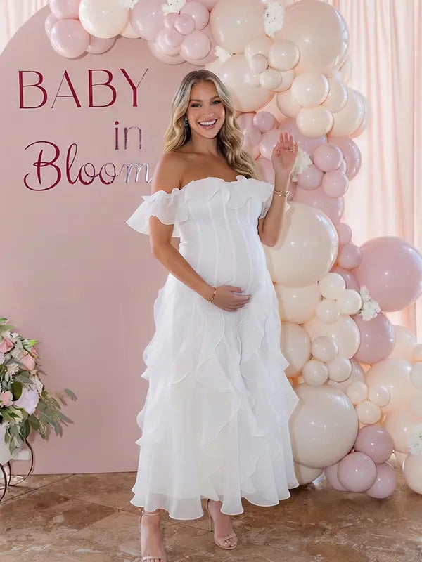 Ivory Off Shoulder Cascading Ruffle Maternity Maxi Dress for Baby Shower, Bridal Shower, Maternity Wedding, Pregnancy Announcement and Maternity Photoshoot | Bumplook