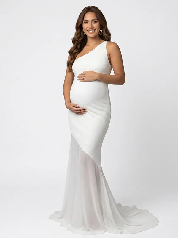 ivory one shoulder maternity maxi dress with open back and mesh fishtail hem