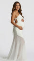 ivory one shoulder maternity maxi dress with open back and mesh fishtail hem