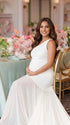 ivory one shoulder maternity maxi dress with open back and mesh fishtail hem