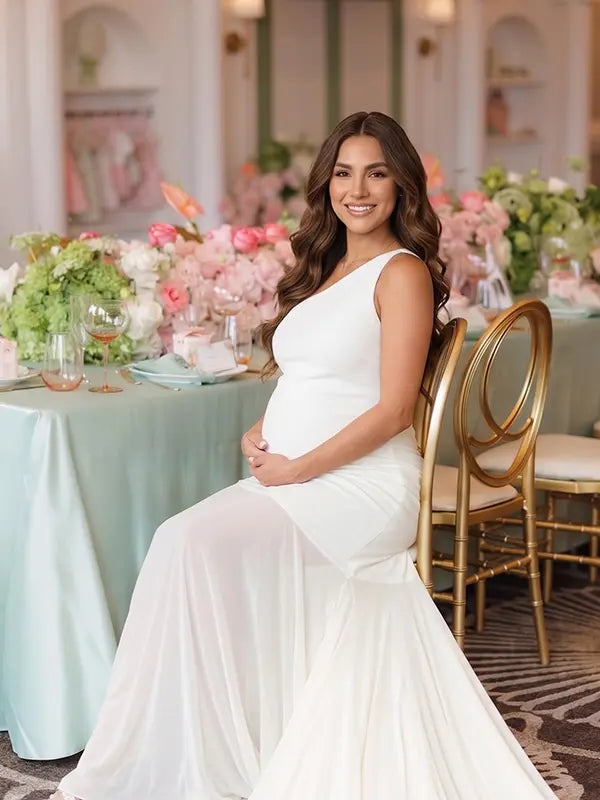 ivory one shoulder maternity maxi dress with open back and mesh fishtail hem