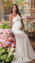 ivory one shoulder maternity maxi dress with open back and mesh fishtail hem
