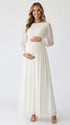 Ivory Long Sleeve Chiffon Maternity Maxi Dress with Pleated Bodice for Maternity Photoshoot, Pregnancy Announcement, Baby Shower, Newborn Family Portrait, Gender Reveal and Fine Art Photography | Bumplook