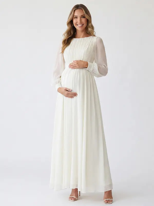 Ivory Long Sleeve Chiffon Maternity Maxi Dress with Pleated Bodice for Maternity Photoshoot, Pregnancy Announcement, Baby Shower, Newborn Family Portrait, Gender Reveal and Fine Art Photography | Bumplook