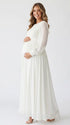 Ivory Long Sleeve Chiffon Maternity Maxi Dress with Pleated Bodice for Maternity Photoshoot, Pregnancy Announcement, Baby Shower, Newborn Family Portrait, Gender Reveal and Fine Art Photography | Bumplook