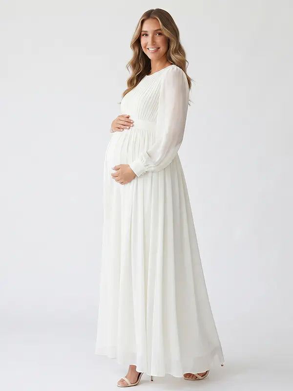 Ivory Long Sleeve Chiffon Maternity Maxi Dress with Pleated Bodice for Maternity Photoshoot, Pregnancy Announcement, Baby Shower, Newborn Family Portrait, Gender Reveal and Fine Art Photography | Bumplook
