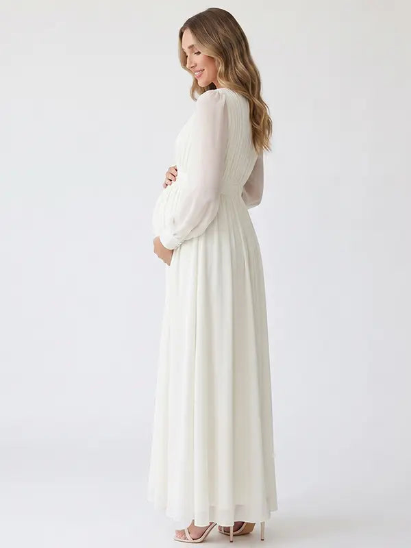 Ivory Long Sleeve Chiffon Maternity Maxi Dress with Pleated Bodice for Maternity Photoshoot, Pregnancy Announcement, Baby Shower, Newborn Family Portrait, Gender Reveal and Fine Art Photography | Bumplook