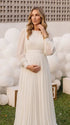 Ivory Long Sleeve Chiffon Maternity Maxi Dress with Pleated Bodice for Maternity Photoshoot, Pregnancy Announcement, Baby Shower, Newborn Family Portrait, Gender Reveal and Fine Art Photography | Bumplook