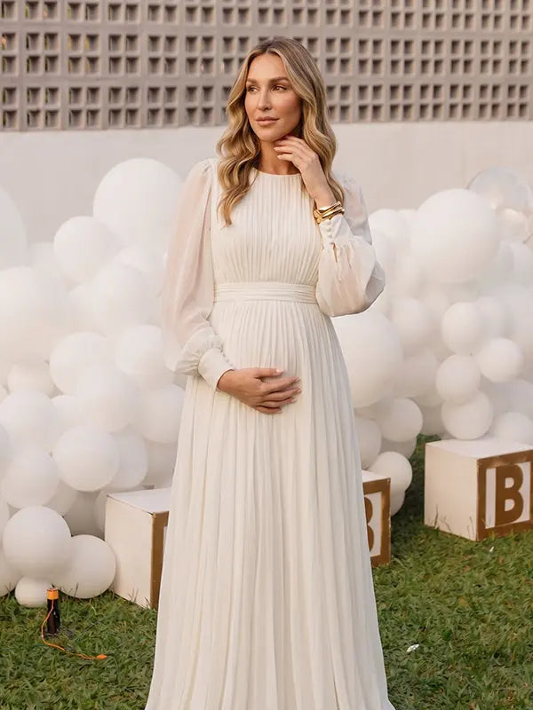 Ivory Long Sleeve Chiffon Maternity Maxi Dress with Pleated Bodice for Maternity Photoshoot, Pregnancy Announcement, Baby Shower, Newborn Family Portrait, Gender Reveal and Fine Art Photography | Bumplook