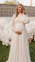 Ivory Long Sleeve Chiffon Maternity Maxi Dress with Pleated Bodice for Maternity Photoshoot, Pregnancy Announcement, Baby Shower, Newborn Family Portrait, Gender Reveal and Fine Art Photography | Bumplook