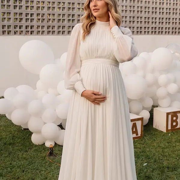 Ivory Long Sleeve Chiffon Maternity Maxi Dress with Pleated Bodice for Maternity Photoshoot, Pregnancy Announcement, Baby Shower, Newborn Family Portrait, Gender Reveal and Fine Art Photography | Bumplook