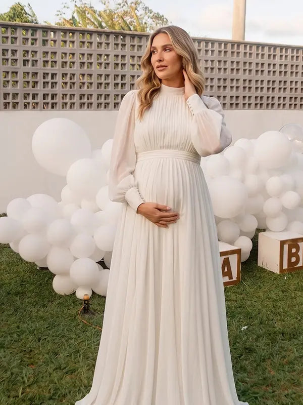 Ivory Long Sleeve Chiffon Maternity Maxi Dress with Pleated Bodice for Maternity Photoshoot, Pregnancy Announcement, Baby Shower, Newborn Family Portrait, Gender Reveal and Fine Art Photography | Bumplook