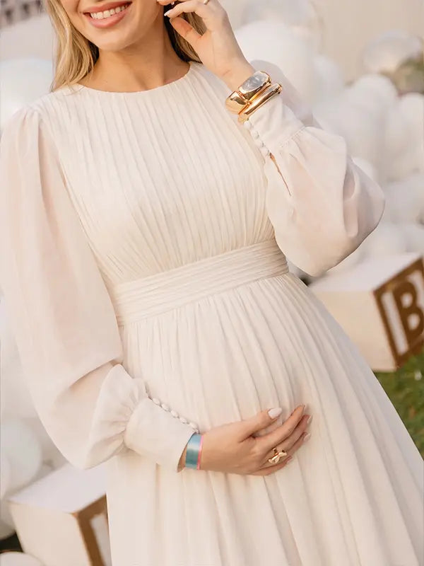 Ivory Long Sleeve Chiffon Maternity Maxi Dress with Pleated Bodice for Maternity Photoshoot, Pregnancy Announcement, Baby Shower, Newborn Family Portrait, Gender Reveal and Fine Art Photography | Bumplook