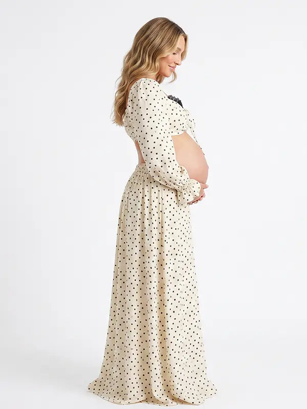 Ivory Polka Dot Maternity Two Piece Outfit with Crop Top and Flowing Maxi Skirt Back View | Bumplook
