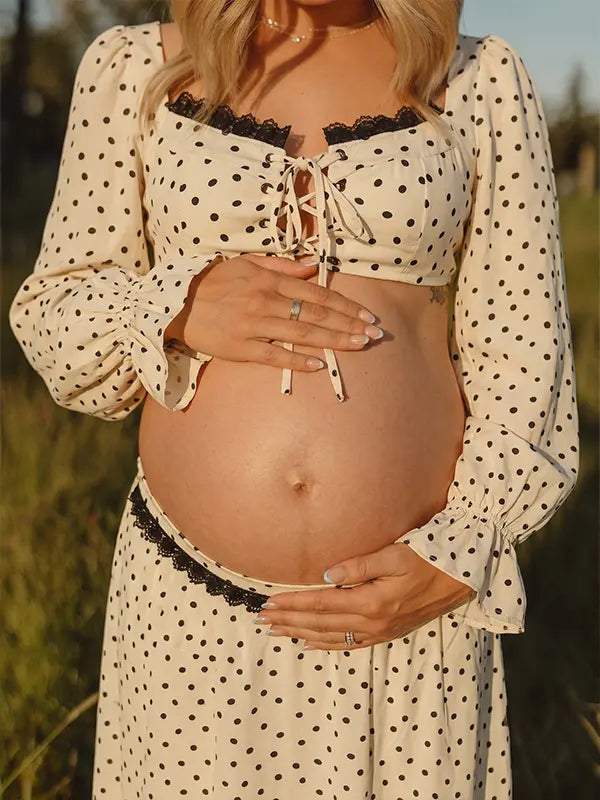Ivory Polka Dot Maternity Two Piece Set, Boho Maternity Outfit for Baby Shower, Maternity Photoshoot, Pregnancy Announcement, Outdoor Maternity Photos | Bumplook
