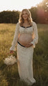 Ivory Polka Dot Maternity Two Piece Outfit with Crop Top and Flowing Maxi Skirt Back View | Bumplook