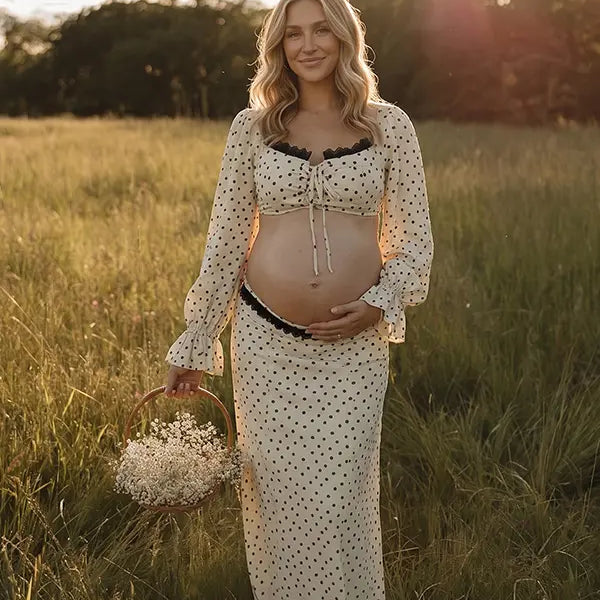 Ivory Polka Dot Maternity Two Piece Outfit with Crop Top and Flowing Maxi Skirt Back View | Bumplook