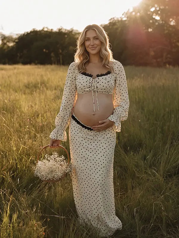 Ivory Polka Dot Maternity Two Piece Outfit with Crop Top and Flowing Maxi Skirt Back View | Bumplook