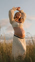 Ivory Polka Dot Maternity Two Piece Set with Long Sleeve Crop Top and Maxi Skirt for Maternity Photoshoot | Bumplook