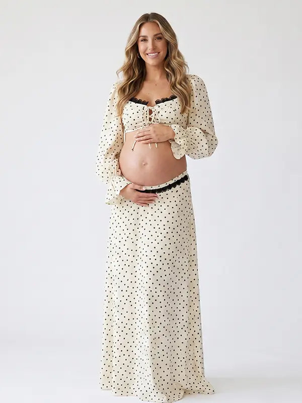 Ivory Polka Dot Maternity Two Piece Set, Boho Maternity Outfit for Baby Shower, Maternity Photoshoot, Pregnancy Announcement, Outdoor Maternity Photos | Bumplook