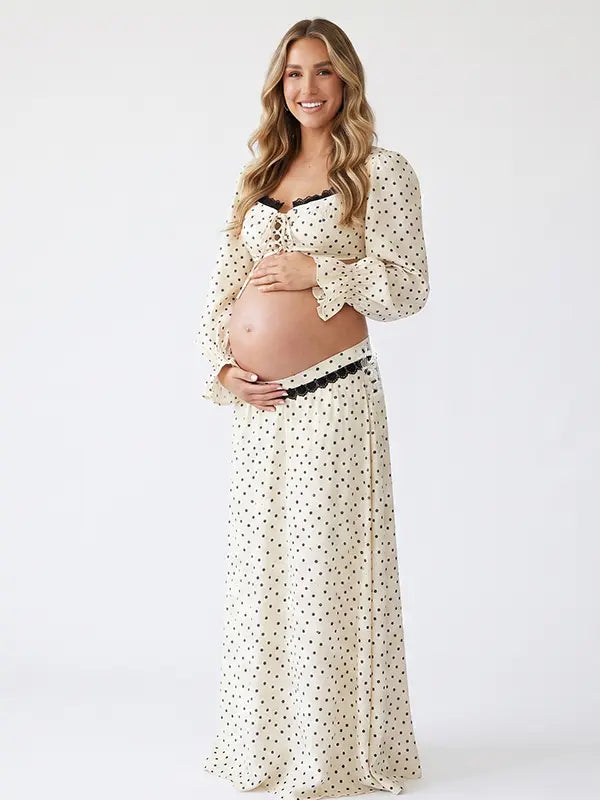 Ivory Polka Dot Maternity Two Piece Set with Long Sleeve Crop Top and Maxi Skirt for Maternity Photoshoot | Bumplook
