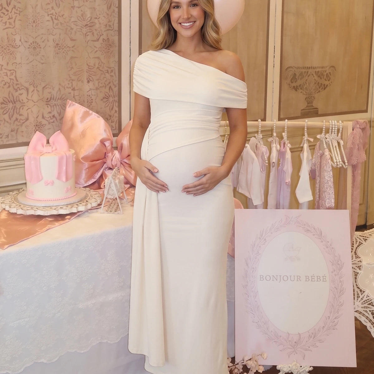 Ivory Draped Maternity Photoshoot Dress with Off Shoulder Neckline | Bumplook
