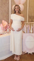 Ivory Draped Maternity Photoshoot Dress with Off Shoulder Neckline | Bumplook