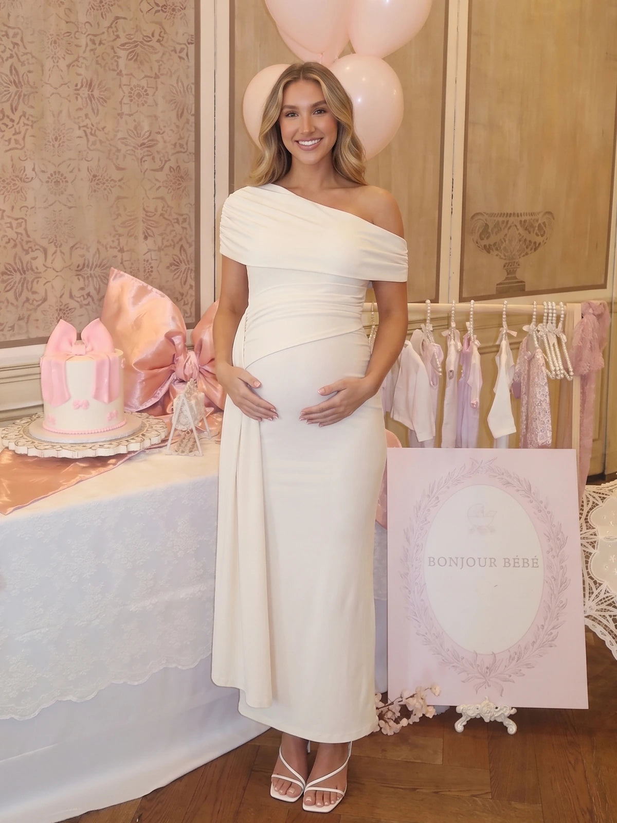 Ivory Draped Maternity Photoshoot Dress with Off Shoulder Neckline | Bumplook