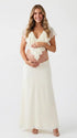 Ivory Ruffle Two Piece Maternity Photoshoot Outfit Featuring an Open Belly Design and Flowing Maxi Skirt for Pregnancy Photography, Studio Maternity Portraits and Pregnancy Announcements | Bumplook