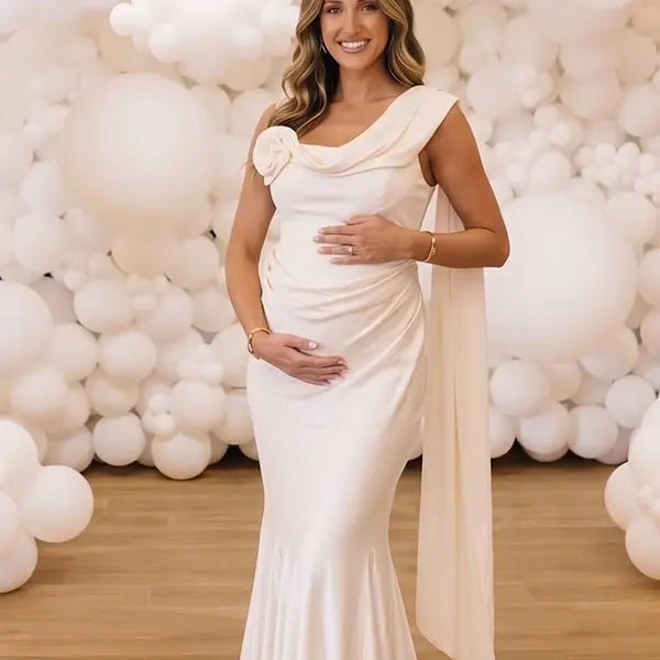 Ivory Satin Draped Cowl Neck Boned Corset Maternity Mermaid Gown