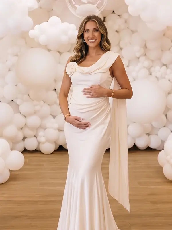 Ivory Satin Draped Cowl Neck Boned Corset Maternity Mermaid Gown