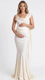 Ivory Satin Draped Cowl Neck Boned Corset Maternity Mermaid Gown