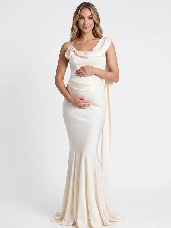 Ivory Satin Draped Cowl Neck Boned Corset Maternity Mermaid Gown
