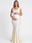 Ivory Satin Draped Cowl Neck Maternity Mermaid Gown with Boned Corset & Floral Detail