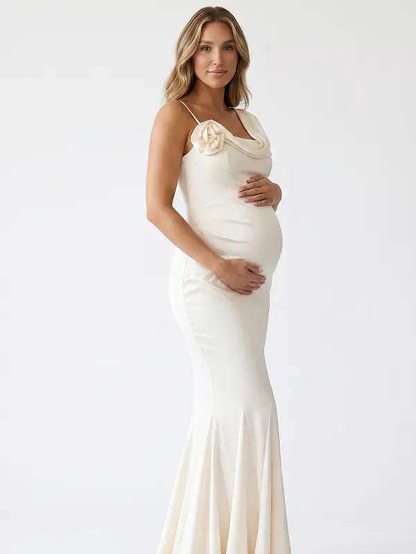 Ivory Satin Draped Cowl Neck Boned Corset Maternity Mermaid Gown